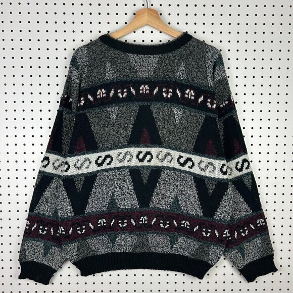 Expressions Abstract Aztec Knit‎ Sweater Large Black Multicolor Chunky Cosby 90s - Picture 4 of 7